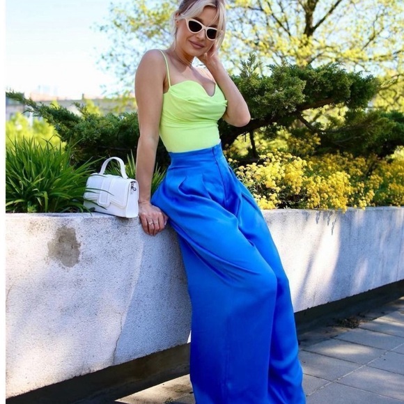 ZARA FULL LENGTH SATIN EFFECT PANTS OCEAN BLUE! BRAND NEW SIZE LARGe - Picture 3 of 7